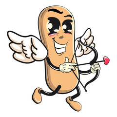 Naklejka premium cute ladyfinger biscuit mascot character become a cupid with angel wings and the arrow of love, isolated vector illustration, work of hand drawn