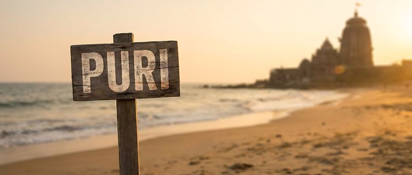 Puri beach sign with Jagannath temple at sunset