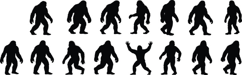 Bigfoot silhouettes collection featuring Sasquatch walking, standing, and various mythical forest creature poses, cad drawing flat vector illustration, isolated on white.