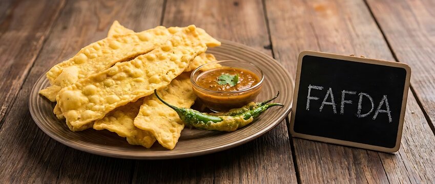 Traditional Gujarati snack Fafda with chutney and green chili