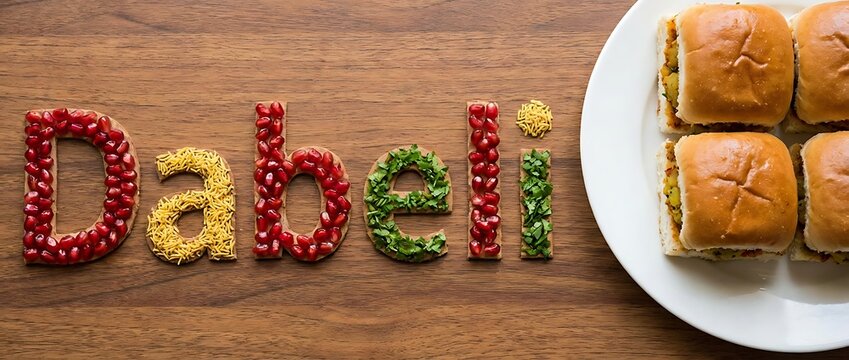 Traditional Gujarati Snack Dabeli Spelled with Ingredients on Wooden Background