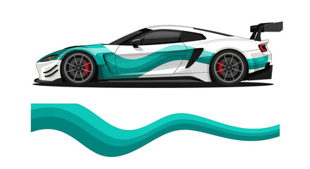 Obraz premium Striking teal and white sports car with flowing wave graphic accent against a dark backdrop.