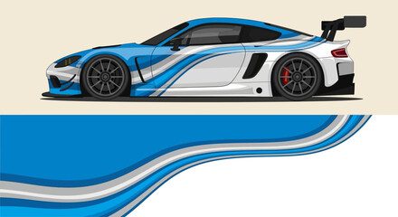 Sleek blue race car with aerodynamic design and rear wing on smooth gradient background.