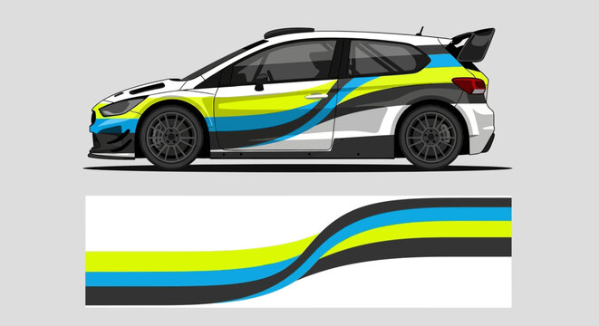 Colorful racing hatchback with blue, yellow, and green wave wrap and dynamic stripes.