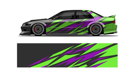 Fototapeta premium Sleek race car with bold neon green and purple graphic livery on dark backdrop.