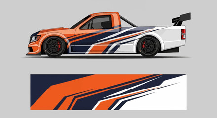 Naklejka premium Orange and white racing livery on a blue striped pickup with dynamic side profile.