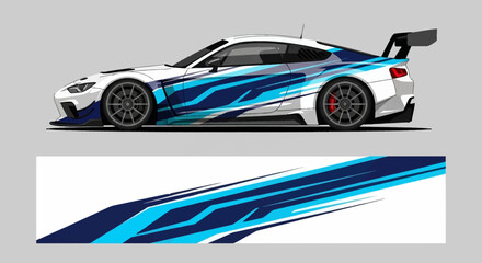 Sleek blue and white race car with dynamic graphic design and aerodynamic features on a sleek body and spoiler. © AhzaArdiansyah