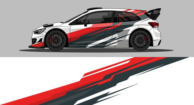 High-speed race car in bold red, blue, and black livery with dynamic stripes and side profile.