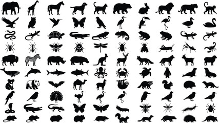 Large collection of black animal silhouettes including wildlife, farm livestock, birds, insects, marine life and pets isolated on white background for nature design