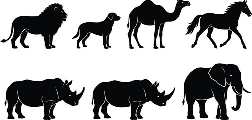 Black animal silhouettes set including lion dog camel horse rhinoceros and elephant isolated on white background for wildlife nature logo and graphic design © Jesmin