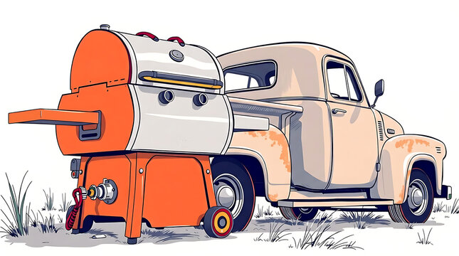 Propane grill beside vintage truck in grassy outdoor setting  