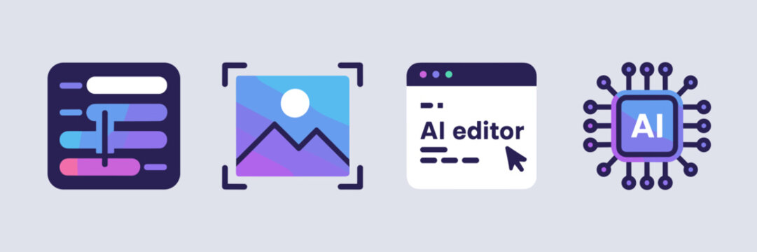 Flat modern AI editor icon set &ndash; Perfect for digital media blogs.
