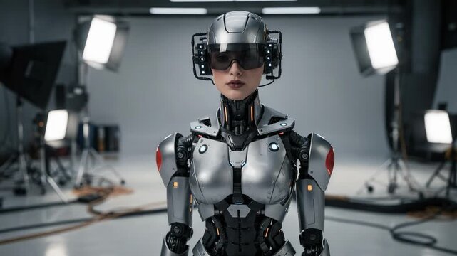 Medium shot centered on a robot character actor adjusting helmet sensors with hightech studio lights and gear blurred in the distance.