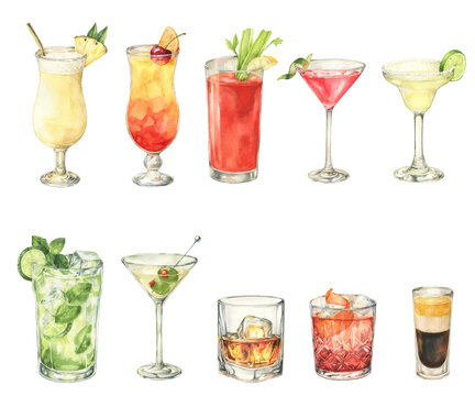 Watercolor collection of classic cocktails Margarita, Tequila Sunrise, Mojito, Negroni, Pina Colada, Cosmopolitan, B-52, Dry Martini, Bloody Mary and Whiskey.