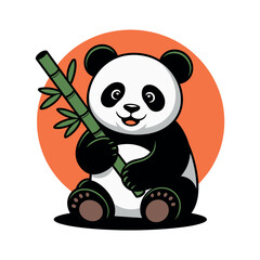 Obraz premium A cute cartoon panda holding a bamboo stalk in front of an orange circle