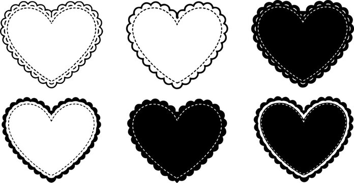 Scalloped Edge Stitched Heart Frame Badge Set. Simple label sticker template. Cute Valentines Day frill ornament. Vector illustration isolated on white background. See Less