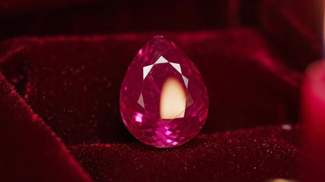 Vibrant Pear-Cut Ruby Gemstone Resting on Rich Velvet