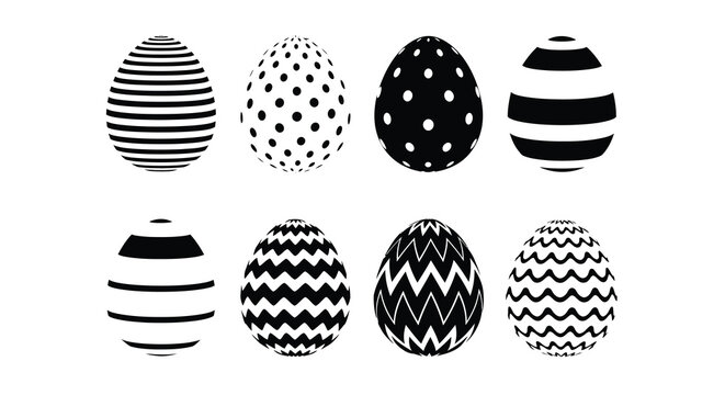 A collection of six decorated easter eggs and two partial eggs with varied patterns presented in stark black and white silhouette