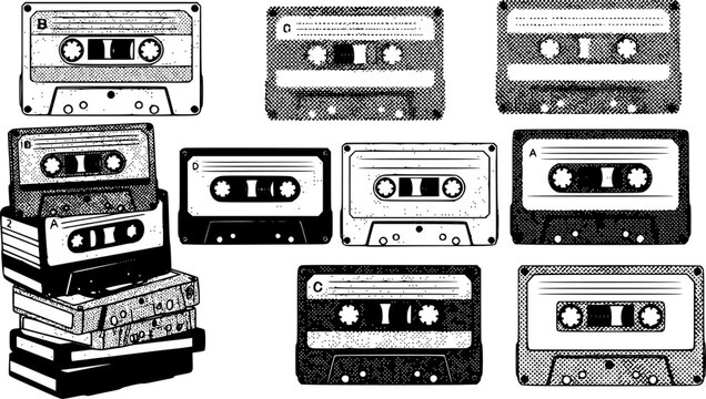 Retro cassette tapes in halftone design: vintage media aesthetic
