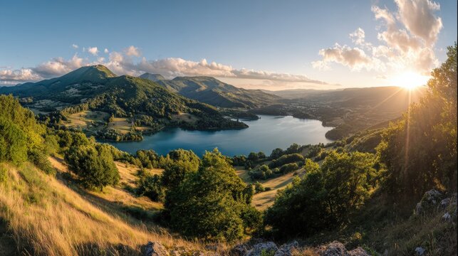 Serene mountain landscape with lake at sunset