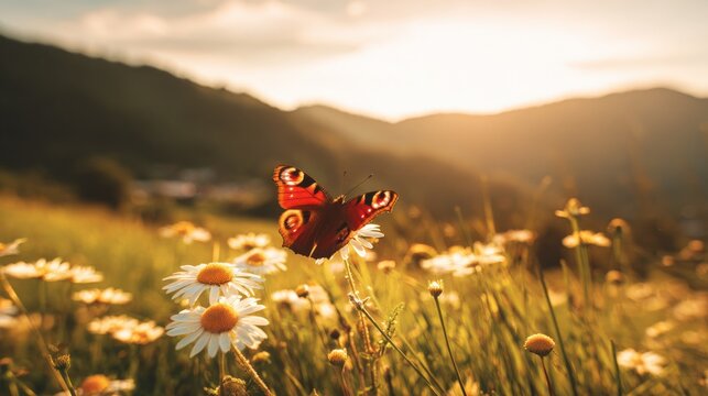 Vibrant butterfly at sunset over daisy field in serene mountain landscape