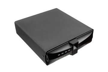 Black portable electronic biometric gun safe for handgun storage on a white back