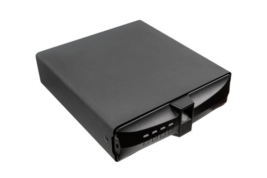 Black portable electronic biometric gun safe for handgun storage on a white back