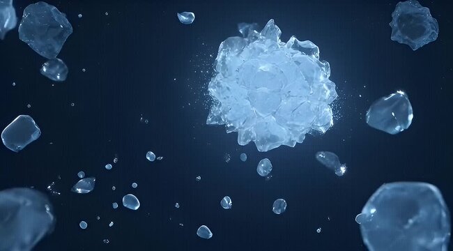 Abstract representation of translucent ice cubes floating in a dark space with light