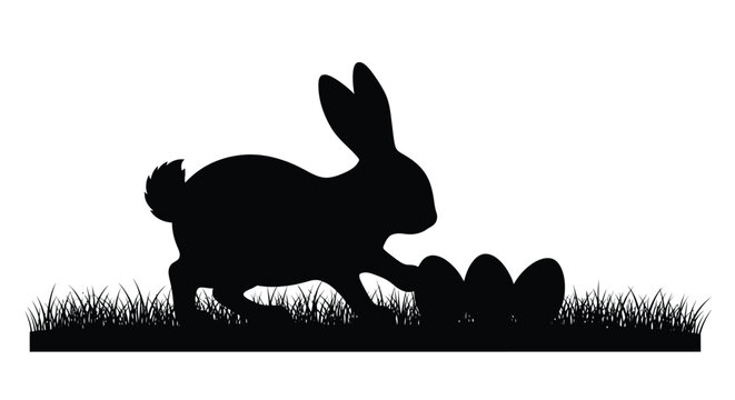 A black silhouette of a rabbit foraging near a cluster of eggs amongst blades of grass silhouette high quality