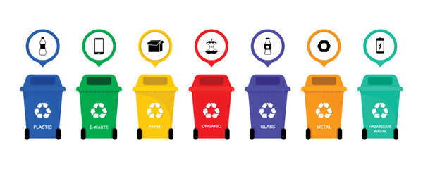 Trash containers with sorted trash for recycling. Sorting garbage by material and type in colored trash cans. Plastic pollution problem concept. Separation of waste on garbage cans for recycling