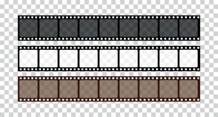 Collection of blank cinema film strip frames. Grunge film strips collection. Empty retro filmstrip design elements. Photography and cinematography. Film strip isolated on transparent background