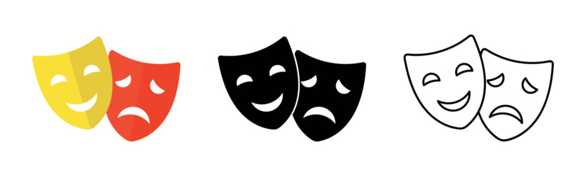 Theater masks icon set. Masquerade vector icons. Comic and tragic mask icons. Happy and unhappy traditional symbol of theater. Funny and sad theater masks. Vector Illustration