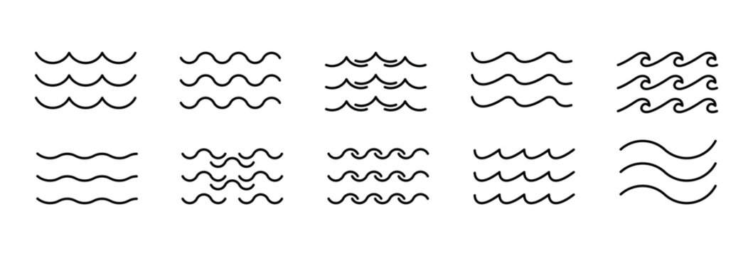 Sea wave icon set. Set of thin line waves. Various wave water lake river. Water logo, line ocean symbol in vector flat style. Seamless abstract line pattern. Water outline symbol. Sea and Ocean signs