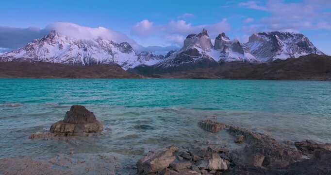 4K video; landscape with lake and mountains in windy weather; Lago Pehoe with the Paine mountain range in Torres del Paine National Park, Chile