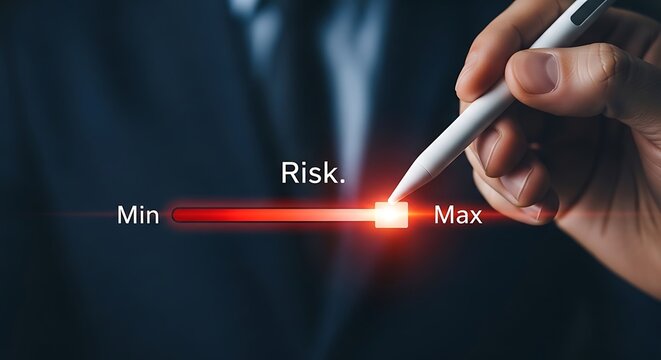 Hand adjusts glowing red risk slider from minimum to maximum adjustment management control decision