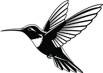 Fototapeta premium Hummingbird vector illustration in black and white, flying bird with detailed wings and beak, minimalist nature icon for wildlife branding, elegant avian graphic for garden design.