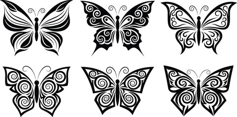 Ornate butterfly silhouette vector illustration set, black decorative insect icons with swirl wing patterns, elegant tribal nature graphics for tattoo design and creative artistic branding. © MDMizanur