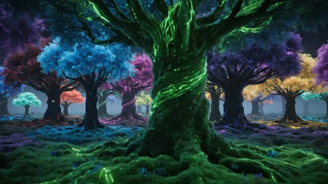 Mystical Forest with Colorful Trees.