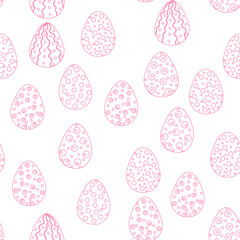 Seamless pattern with Easter eggs, outline design. A vibrant seamless background for Easter designs, featuring cute patterned eggs with polka dots, flowers, and stripes.
