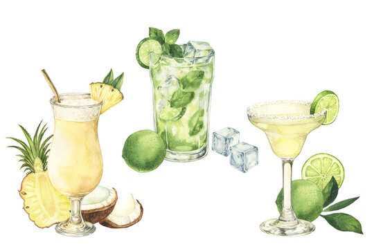 Watercolor collection of classic cocktails Margarita, Mojito, Pina Colada