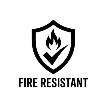 A fire resistant logo with a shield and flame icon on a white background