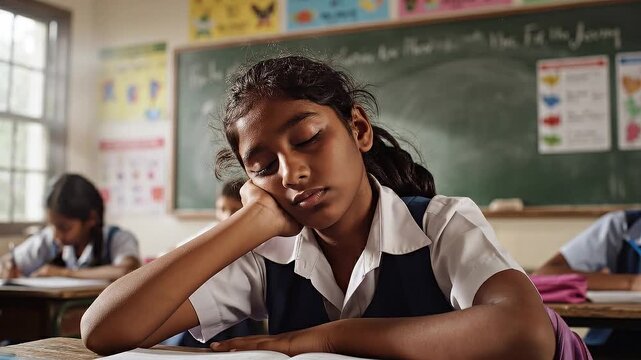 Close-up of a young girl experiencing exam anxiety while studying at night in a classroom with peers in the background.