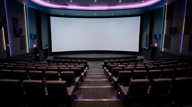 Medium shot of a premium largeformat auditorium with a giant curved screen dynamic ambient lighting illuminating steep rake seating in a spacious empty setting.