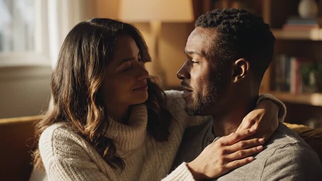 Affectionate interracial couple embracing at home with warm sunlight