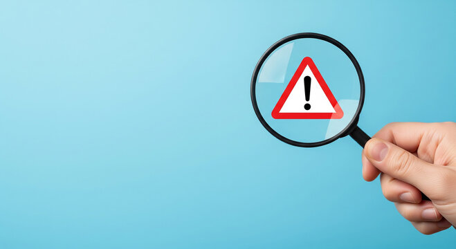 A hand holding a magnifying glass over a red warning triangle, perfect for risk assessment concepts and error detection plans