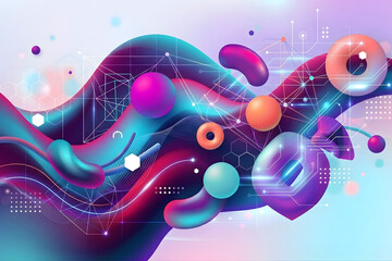 Fototapeta premium Vibrant 3D abstract background with colorful fluid shapes, neon spheres, and digital tech elements