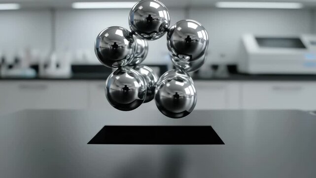 Elderly scientist hands arranging metal spheres that levitate into a molecular structure