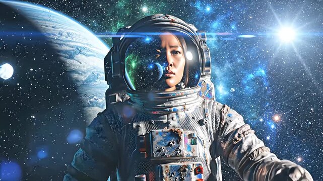 Female astronaut floating in deep space with Earth and nebula background