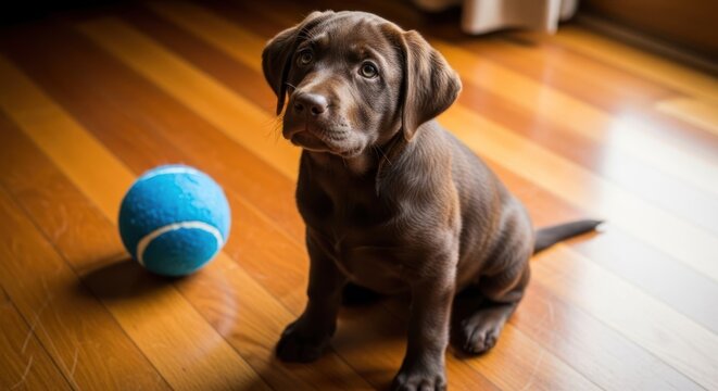 Brown Puppy Sitting with Blue Ball.