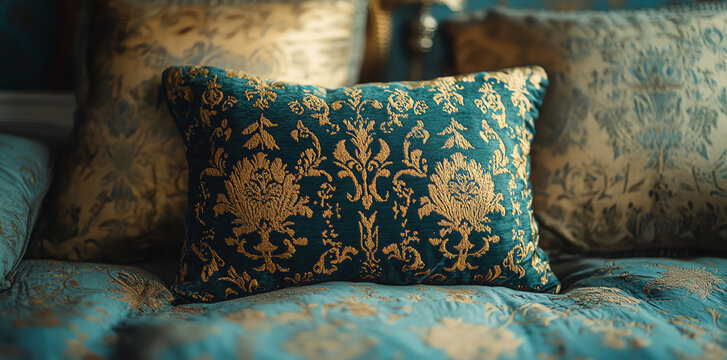 Decor Cushion with Teal and Gold Damask Pattern